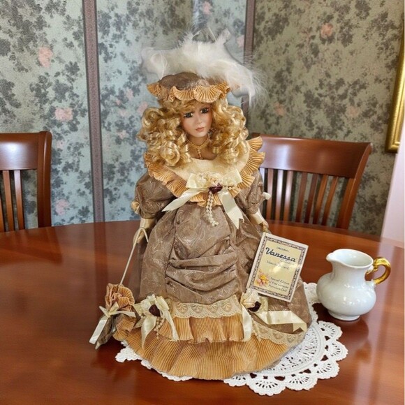 Haunted Porcelain Doll Vanessa Brown Gown Feathered Hat Paranormal Spirit Shifts - Picture 1 of 8